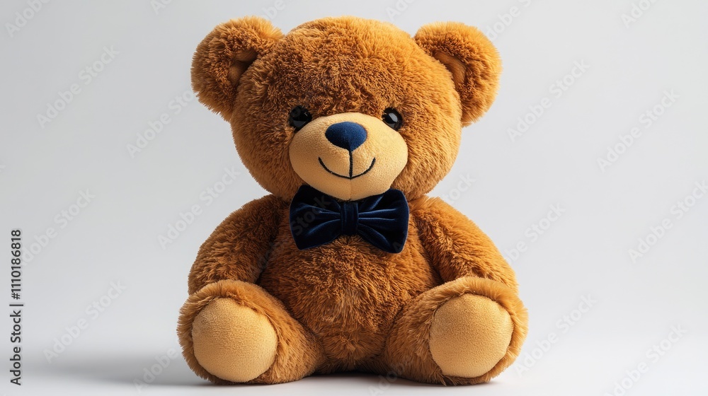 Obraz premium Adorable fluffy teddy bear with round black eyes and a blue satin bow tie isolated on a clean white background perfect for children's imagery