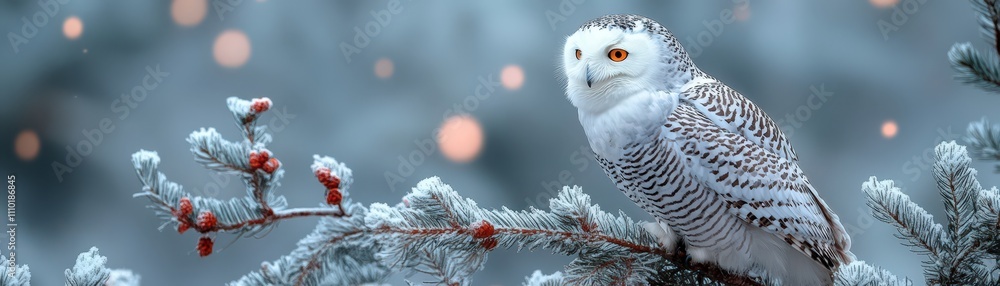 Fototapeta premium Christmas owl perched on frosty branch winter wonderland nature photography serene viewpoint