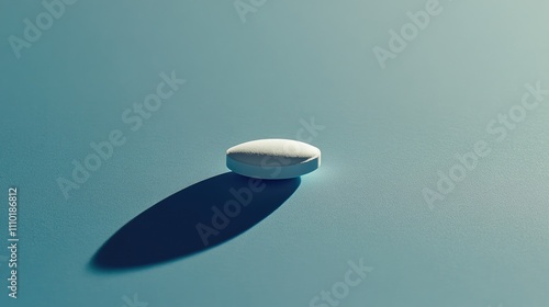 Hexamine fuel tablet on a blue surface casting a shadow showcasing its cylindrical shape and texture in soft lighting. photo