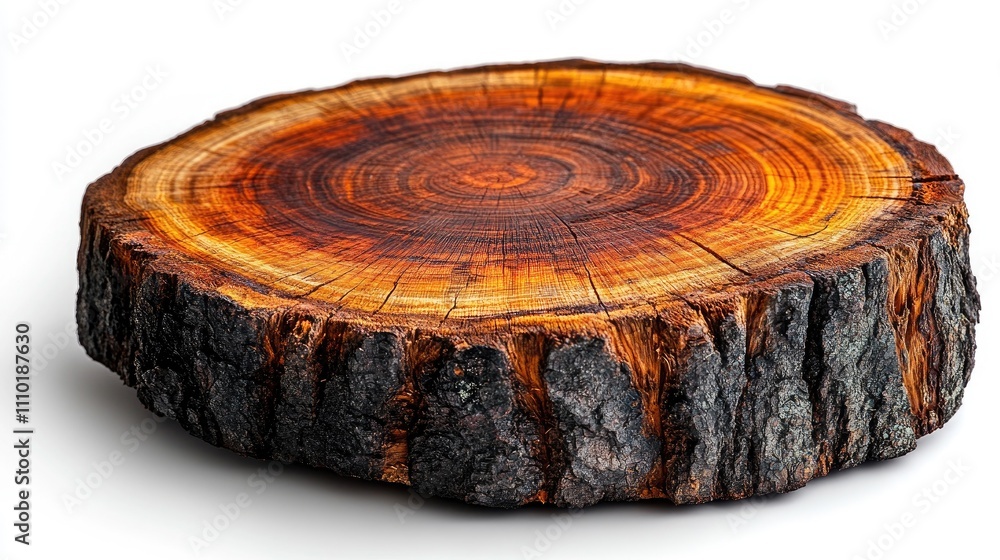 End grain tree trunk slice displaying vibrant annual growth rings isolated on a white background showcasing natural wood textures End grain tree trunk slice displaying vibrant annual growth rings isolated on a white background showcasing natural wood textures