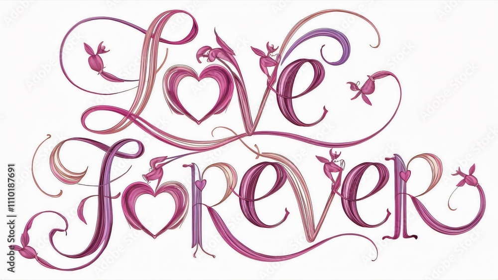 AI Art, Love Forever - Romantic Floral Calligraphy Design for Valentine's, Wedding Invitations, and Romantic Decor