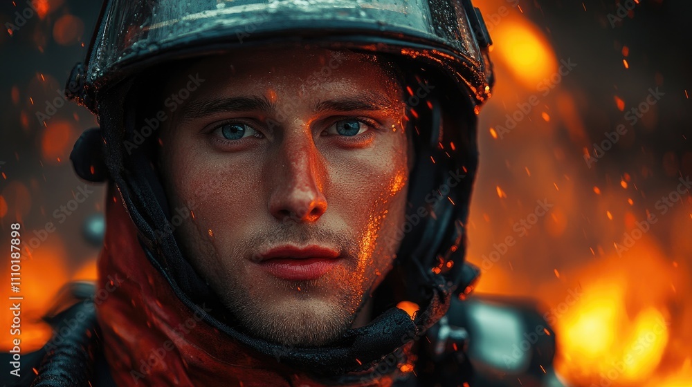 Brave firefighter in action with intense flames in the background showcasing courage and resilience amidst challenging conditions Brave firefighter in action with intense flames in the background showcasing courage and resilience amidst challenging conditions