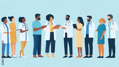 A vibrant community health fair where medical professionals from diverse backgrounds are providing free consultations and services, symbolizing health equity, minimalist composition