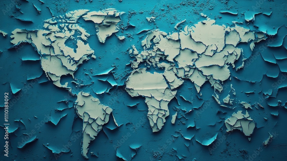 Textured blue wall with peeled paint revealing a world map design concept ideal for backgrounds and artistic projects. Textured blue wall with peeled paint revealing a world map design concept ideal for backgrounds and artistic projects.