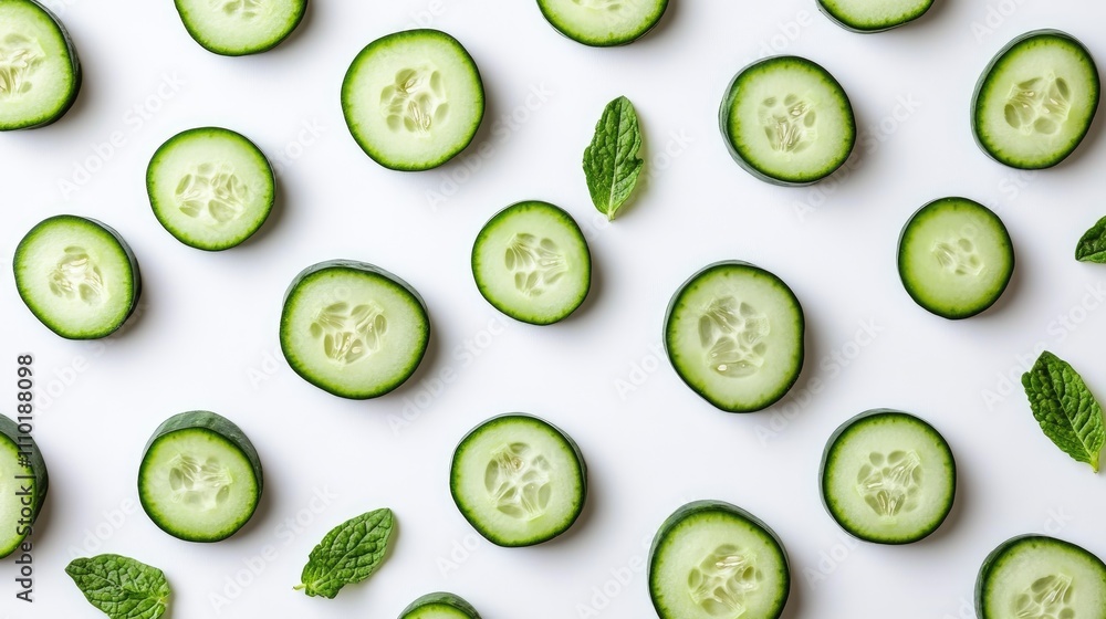 Fresh cucumber slices with mint leaves arranged on a white background for healthy eating and culinary presentations Fresh cucumber slices with mint leaves arranged on a white background for healthy eating and culinary presentations
