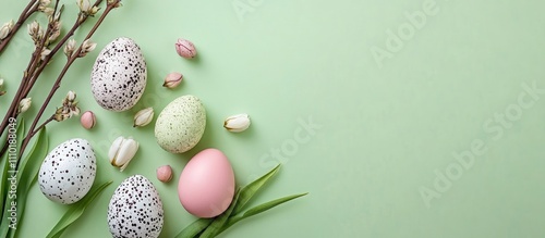 Easter eggs adorned with floral designs and willow branches on a soft green background ideal for spring holiday themes and celebrations photo