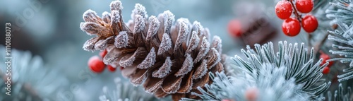 Christmas pine cone close-up in winter forest nature photography seasonal beauty serenity
