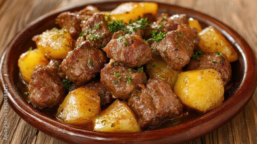 Savory beef stew with tender potatoes and herbs served in a rustic plate, perfect for comfort food enthusiasts and culinary promotions. Savory beef stew with tender potatoes and herbs served in a rustic plate, perfect for comfort food enthusiasts and culinary promotions.