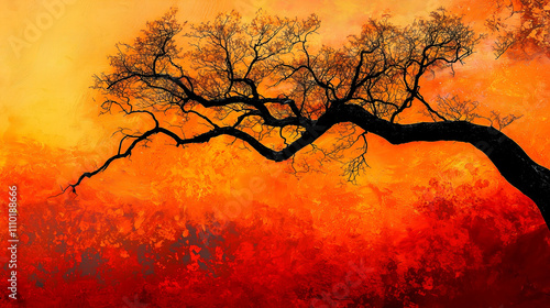 Abstract tree silhouette, glowing sunset tones, rich orange and crimson gradients, 