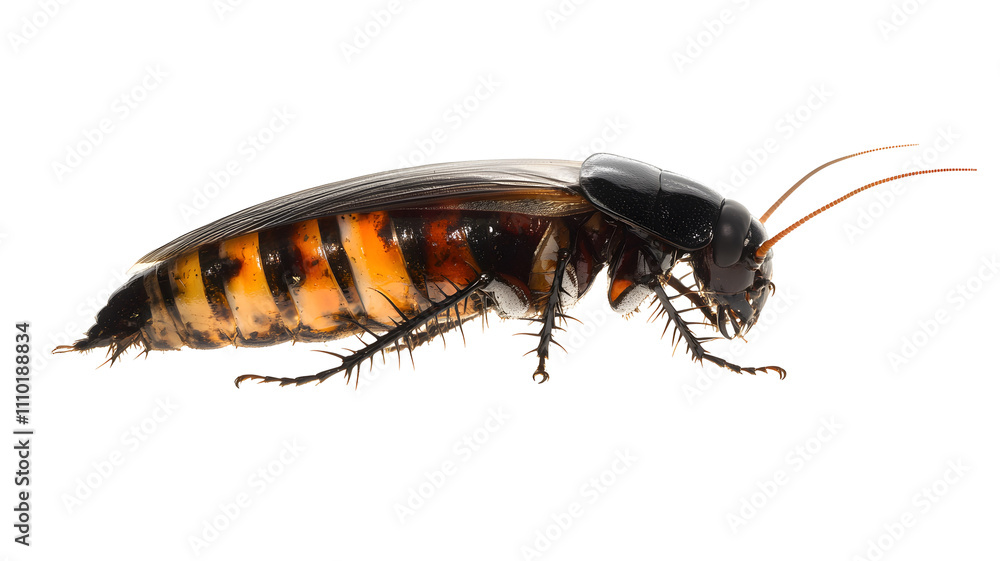 Close-up of a stylized insect with orange stripes. Close-up of a stylized insect with orange stripes.