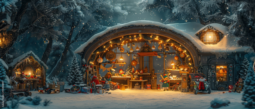 Obraz premium Cozy winter scene featuring a decorated workshop amidst falling snow and festive lights