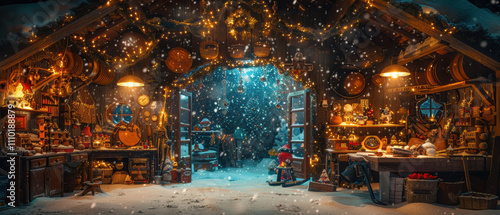 Festive workshop filled with holiday decorations and snowflakes during a magical winter evening