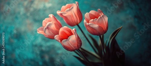 Wallpaper Mural Elegant arrangement of five pink tulips against a textured blue background capturing delicate beauty and romantic floral aesthetics. Torontodigital.ca