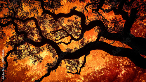 Abstract tree silhouette, glowing sunset tones, rich orange and crimson gradients, 