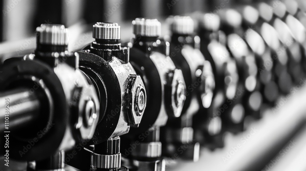 Naklejka premium Vintage industrial craftsmanship showcasing a production line with detailed machinery elements in monochrome tones.