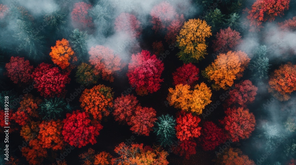 Aerial view of vibrant fall foliage in Canada showcasing stunning colors of autumn trees surrounded by misty clouds Aerial view of vibrant fall foliage in Canada showcasing stunning colors of autumn trees surrounded by misty clouds