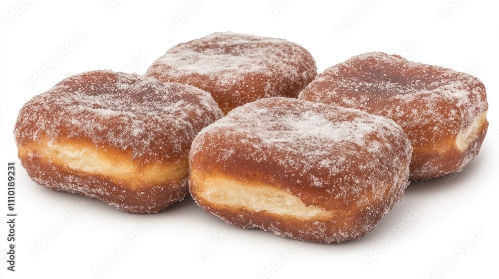 Freshly baked square donuts dusted with powdered sugar arranged on a clean white background ideal for dessert and bakery promotions. Freshly baked square donuts dusted with powdered sugar arranged on a clean white background ideal for dessert and bakery promotions.