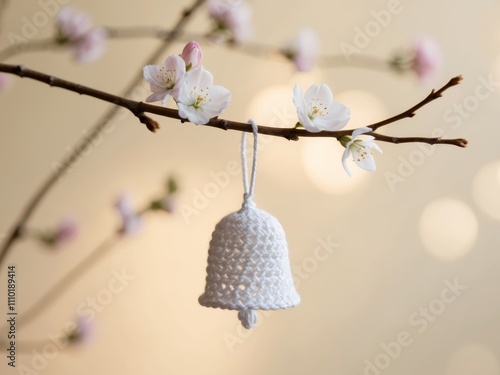 Crocheted white bell neatly hanging from a branch adorned with delicate spring blossoms in soft natural light. photo