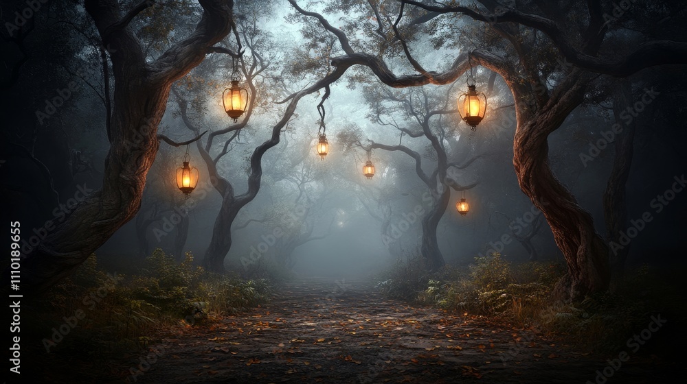 A dark forest with a path leading through it A dark forest with a path leading through it
