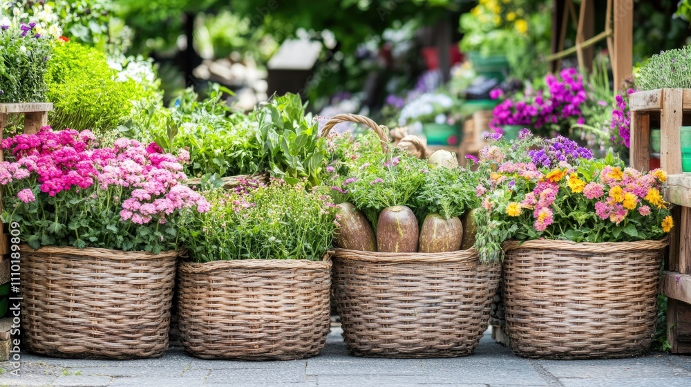 Baskets filled with colorful flowers and herbs in a vibrant garden setting showcasing natural beauty and homegrown freshness Baskets filled with colorful flowers and herbs in a vibrant garden setting showcasing natural beauty and homegrown freshness