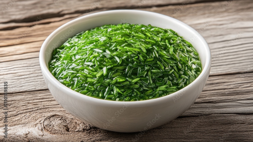 Vibrantly colored green rice displayed in a white bowl on a rustic wooden surface, highlighting organic and healthy food concepts. Vibrantly colored green rice displayed in a white bowl on a rustic wooden surface, highlighting organic and healthy food concepts.