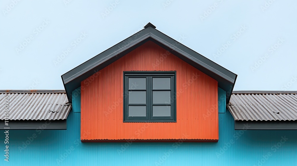 Gable roof of a modern house featuring a bright orange facade and metal tiles against a clear blue sky showcasing architectural details Gable roof of a modern house featuring a bright orange facade and metal tiles against a clear blue sky showcasing architectural details