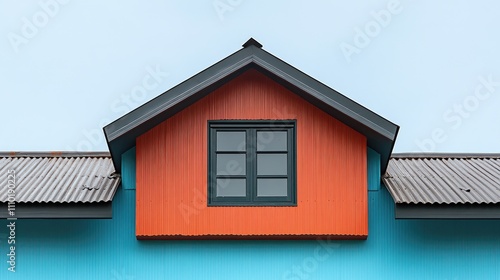 Gable roof of a modern house featuring a bright orange facade and metal tiles against a clear blue sky showcasing architectural details