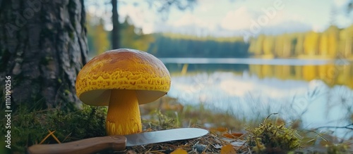 Edible mushroom and knife near pine tree by tranquil lake surrounded by autumn foliage under clear blue sky photo