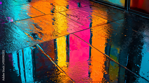 Futuristic abstract art, neon cityscape reflections, sharp angular patterns, high contrast, moody atmosphere,