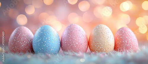 Pastel Easter eggs arranged in a row with a dreamy bokeh background for a festive and whimsical spring celebration theme photo