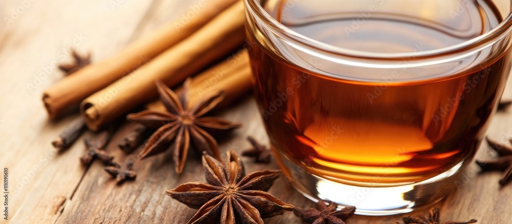 Hard apple cider with autumn spices of cinnamon and star anise on wooden background showcasing seasonal flavors and warm drink appeal Hard apple cider with autumn spices of cinnamon and star anise on wooden background showcasing seasonal flavors and warm drink appeal