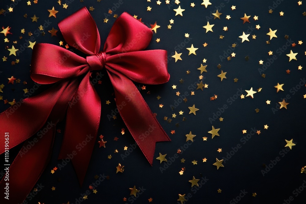 a luxurious red ribbon tied into a bow with scattered star confetti on a dark backdrop a luxurious red ribbon tied into a bow with scattered star confetti on a dark backdrop