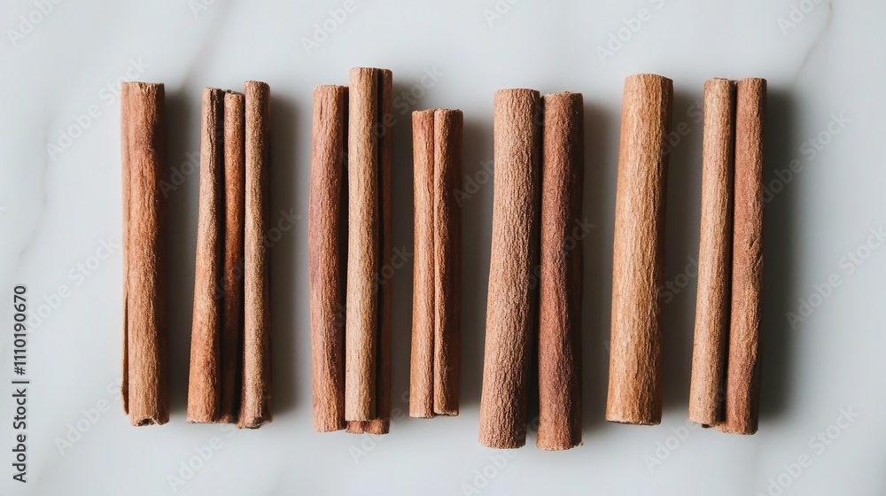 Close up of assorted cinnamon sticks arranged on a white background showcasing their texture and natural colors in an artistic layout Close up of assorted cinnamon sticks arranged on a white background showcasing their texture and natural colors in an artistic layout