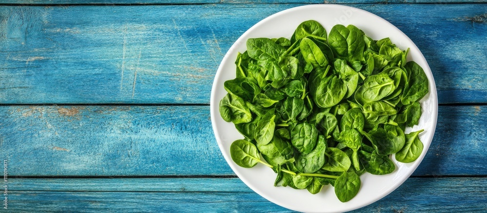 Fresh baby spinach arranged in heart shape on white plate set against blue wooden background healthy eating and eco-friendly concept horizontal shot Fresh baby spinach arranged in heart shape on white plate set against blue wooden background healthy eating and eco-friendly concept horizontal shot