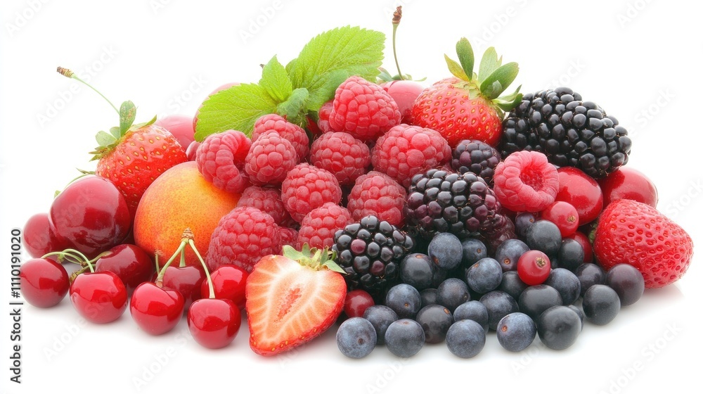An assortment of fresh fruits and berries on a white background including strawberries raspberries cherries blueberries and blackberries An assortment of fresh fruits and berries on a white background including strawberries raspberries cherries blueberries and blackberries
