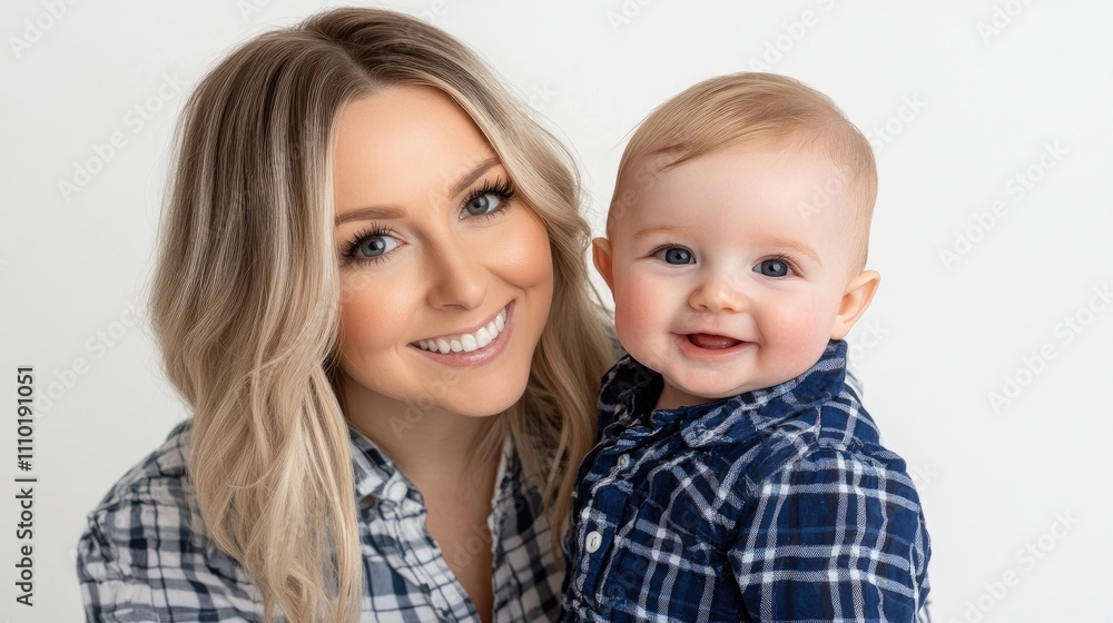 Mother and baby boy smiling together in a cozy portrait showcasing love and joy against a minimalist white background Mother and baby boy smiling together in a cozy portrait showcasing love and joy against a minimalist white background