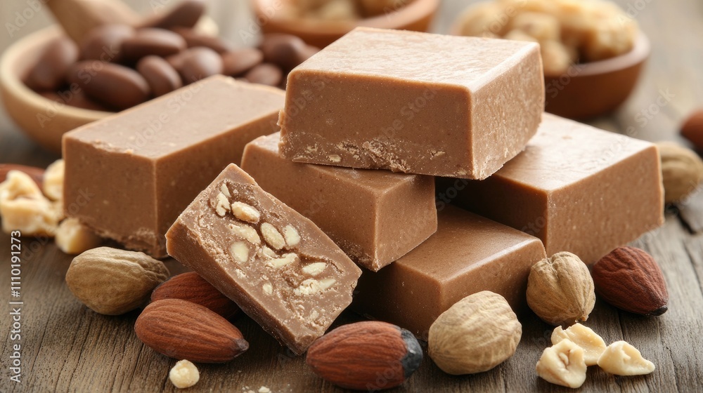 Halva dessert with nuts and chocolates arranged on a rustic wooden surface showcasing Eastern sweetness and culinary tradition Halva dessert with nuts and chocolates arranged on a rustic wooden surface showcasing Eastern sweetness and culinary tradition