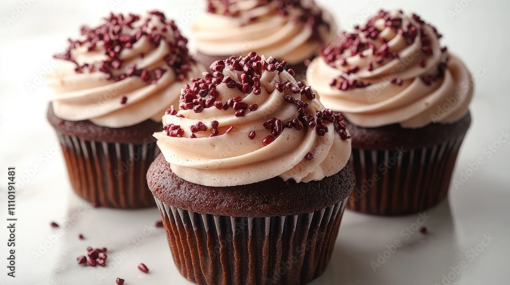 Decadent chocolate cupcakes with creamy frosting and sprinkles arranged on a white background for delicious desserts concept Decadent chocolate cupcakes with creamy frosting and sprinkles arranged on a white background for delicious desserts concept