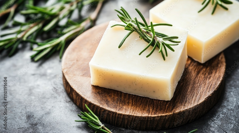 Handcrafted Soap Bar with Fresh Rosemary Sprigs on Rustic Wooden Board Handcrafted Soap Bar with Fresh Rosemary Sprigs on Rustic Wooden Board