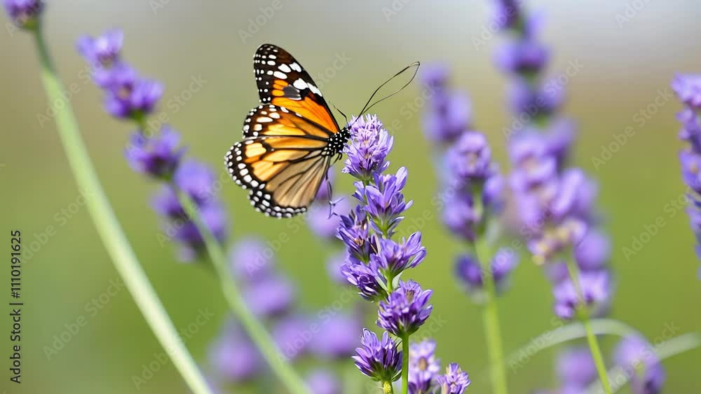 A vibrant butterfly perched on lavender with diffused lighting, captured with a smooth dolly-in camera movement A vibrant butterfly perched on lavender with diffused lighting, captured with a smooth dolly-in camera movement