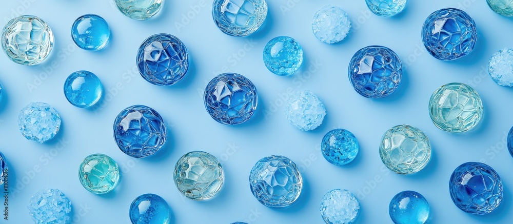 Colorful glass balls in varying shades of blue and green scattered on a soft blue background creating a vibrant and decorative visual display Colorful glass balls in varying shades of blue and green scattered on a soft blue background creating a vibrant and decorative visual display