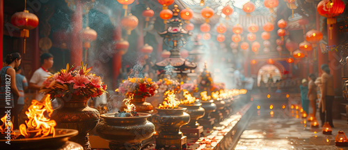 Colorful festival celebration in a traditional temple with incense and lanterns in the evening