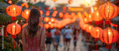 Exploring a vibrant lantern festival in a lively street adorned with glowing decorations at sunset