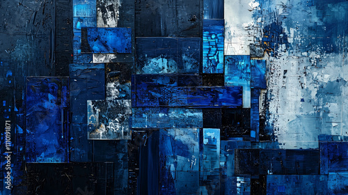 Urban abstract art, fragmented skyscrapers, metallic textures, deep blue and steel gray tones, 