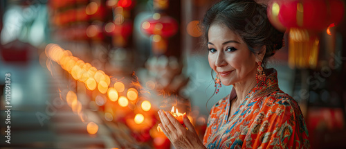 Elegant woman holds a candle in a vibrant setting adorned with lanterns during a cultural celebration