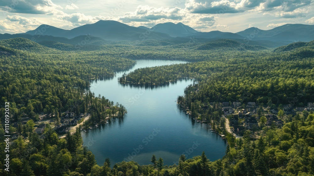 Fototapeta premium Aerial view of Mirror Lake, Lake Placid and the strip of land in between
