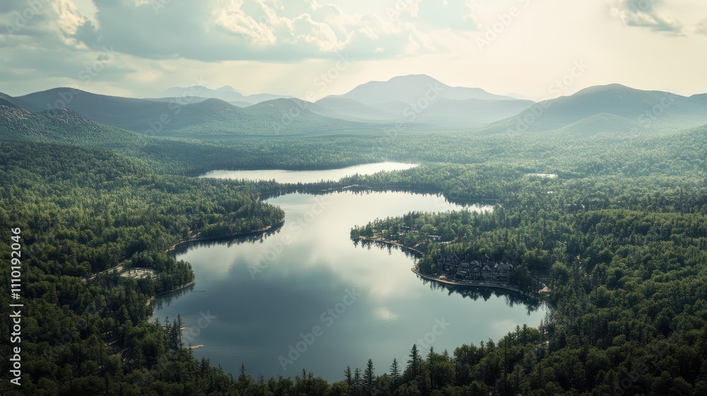 Aerial view of Mirror Lake, Lake Placid and the strip of land in between Aerial view of Mirror Lake, Lake Placid and the strip of land in between