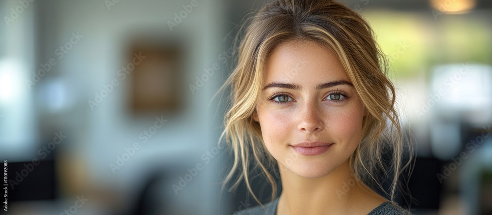 Confident young businesswoman smiling at the camera in a modern office environment with a professional yet approachable demeanor Confident young businesswoman smiling at the camera in a modern office environment with a professional yet approachable demeanor