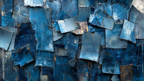 Urban abstract art, fragmented skyscrapers, metallic textures, deep blue and steel gray tones, 