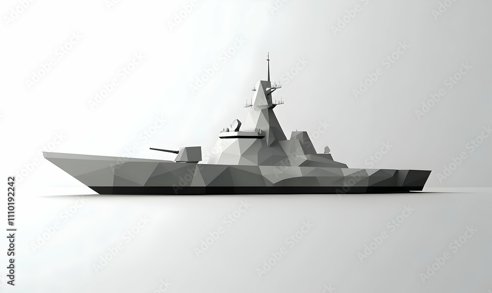 A low-poly model of a naval warship in grayscale, emphasizing geometric design. A low-poly model of a naval warship in grayscale, emphasizing geometric design.